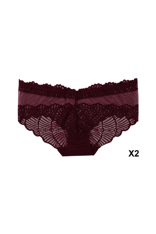 Kadın 6'lı Dantelli Külot Siyah  -  Bordo - S/M