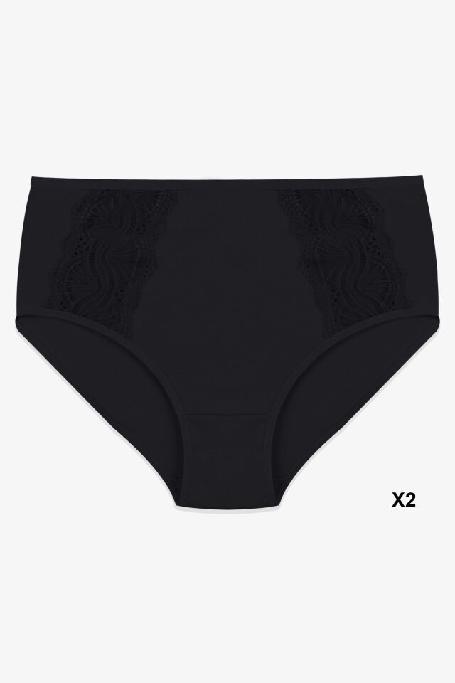 Kadın 4'lü Pamuklu Yan Dantelli Yüksek Bel Curve Külot Siyah - Kırmızı - L/XL