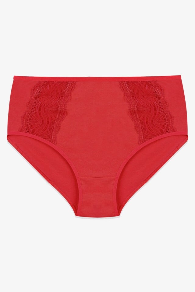 Kadın 4'lü Pamuklu Yan Dantelli Yüksek Bel Curve Külot Siyah - Kırmızı - L/XL