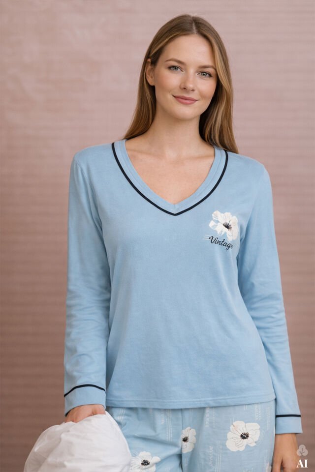 Kadın V Yaka Çiçek Desenli Ara Biyeli Uzun Kollu Pamuklu Pijama Takımı Mavi-Beyaz - XL