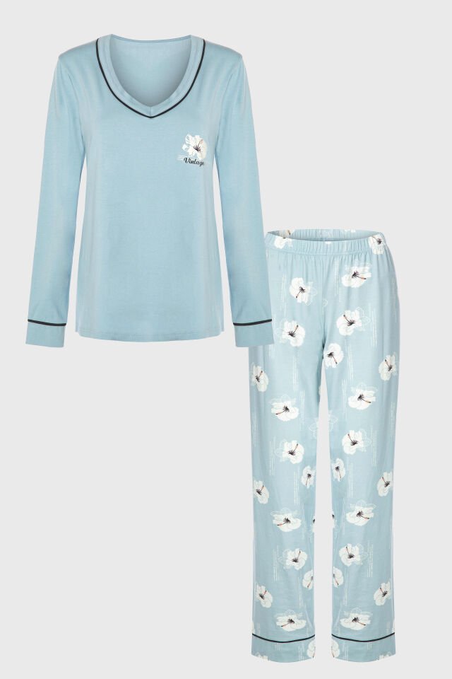 Kadın V Yaka Çiçek Desenli Ara Biyeli Uzun Kollu Pamuklu Pijama Takımı Mavi-Beyaz - XL