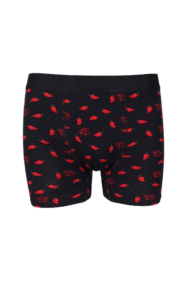 Erkek Tekli Desenli Pamuklu Boxer Siyah - Kırmızı - XL