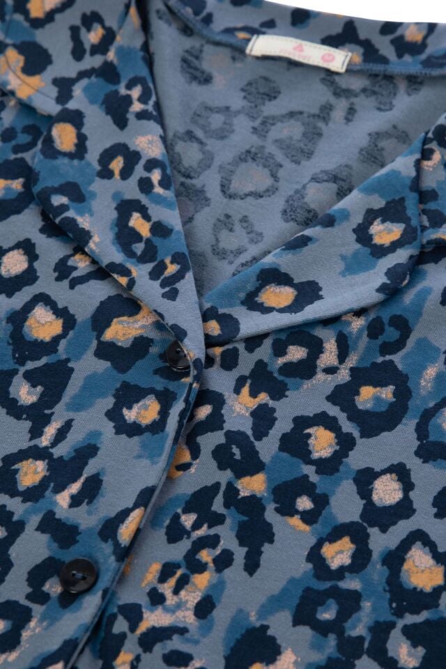 Kadın Mavi Leopar Desenli Düğmeli Pamuklu Gömlek Yaka Uzun Kollu pijama takımı Çok Renkli - L - Çok Renkli - L