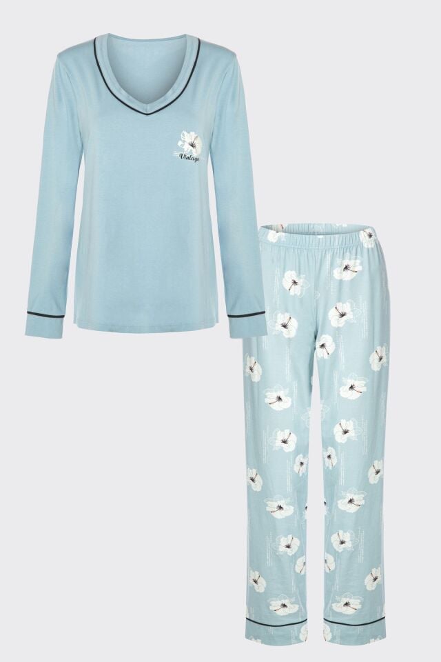 Kadın V Yaka Çiçek Desenli Ara Biyeli Uzun Kollu Pamuklu Pijama Takımı Mavi-Beyaz - M