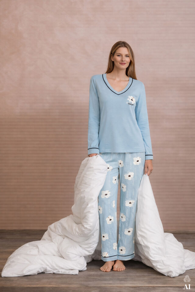 Kadın V Yaka Çiçek Desenli Ara Biyeli Uzun Kollu Pamuklu Pijama Takımı Mavi-Beyaz - M