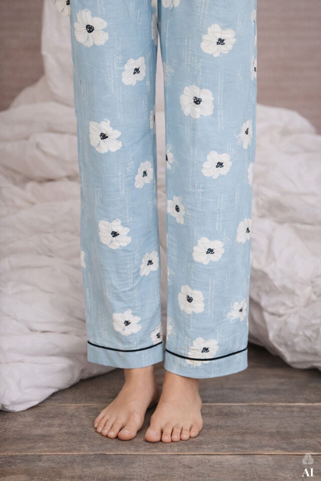Kadın V Yaka Çiçek Desenli Ara Biyeli Uzun Kollu Pamuklu Pijama Takımı Mavi-Beyaz - M