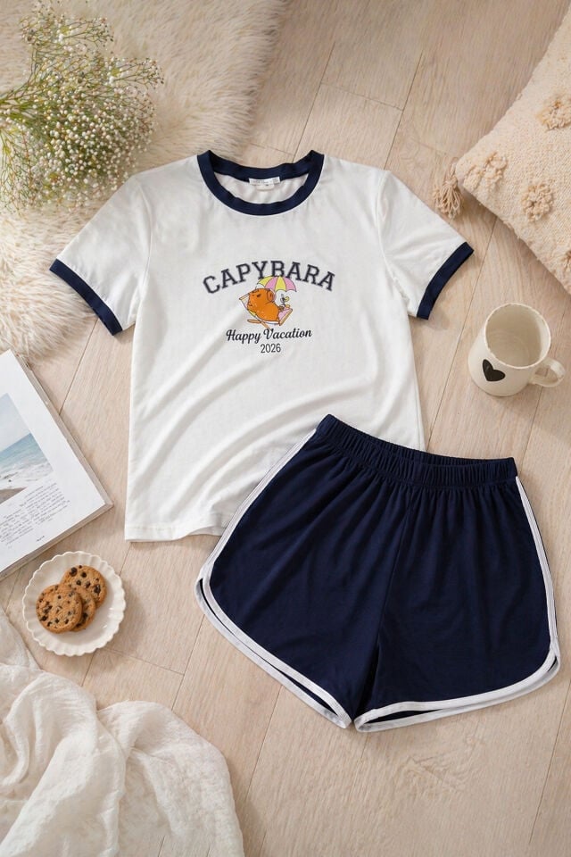 Kadın Capybara Baskılı Pamuklu Şortlu Pijama Takımı Lacivert - Beyaz - L