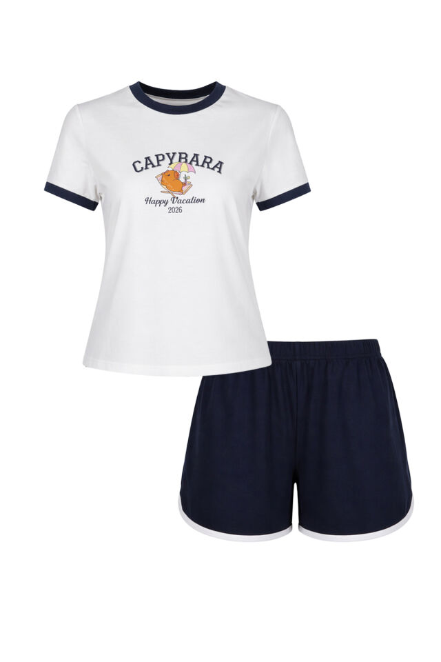 Kadın Capybara Baskılı Pamuklu Şortlu Pijama Takımı Lacivert - Beyaz - L