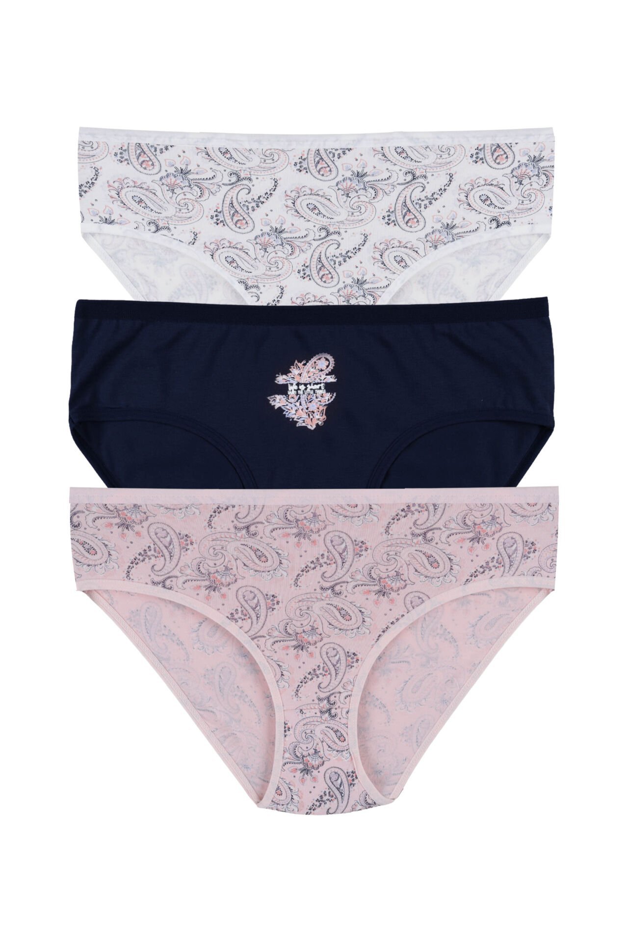 3'lü Desenli Pamuklu Yüksek Bel Bato Lacivert - Beyaz - XL