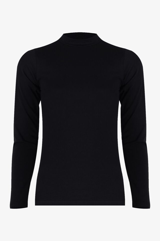 Kadın Uzun Kollu Likralı Pamuklu Yarım Balıkçı Body Siyah - S - Siyah - S