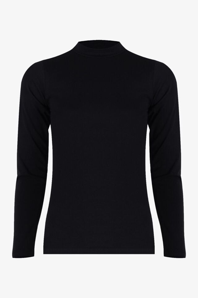 Kadın Uzun Kollu Likralı Pamuklu Yarım Balıkçı Body Siyah - S - Siyah - S