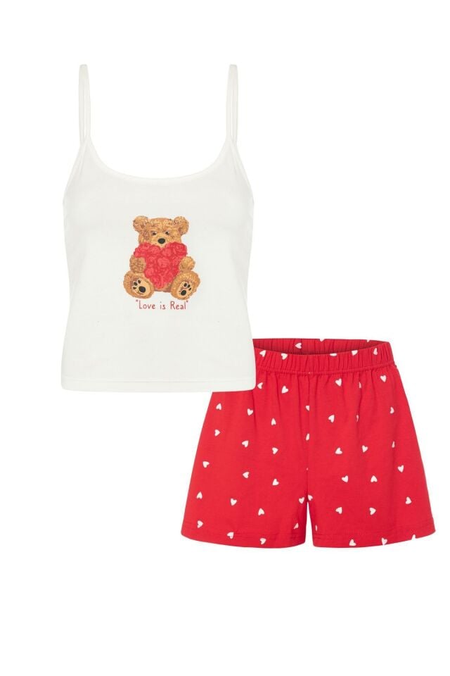 Kadın İnce Askılı Pamuklu Kırmızı Kalpli Desenli Crop Top Şortlu Pijama Takımı KO7203Ş-4 kırmızı kalpli - XL