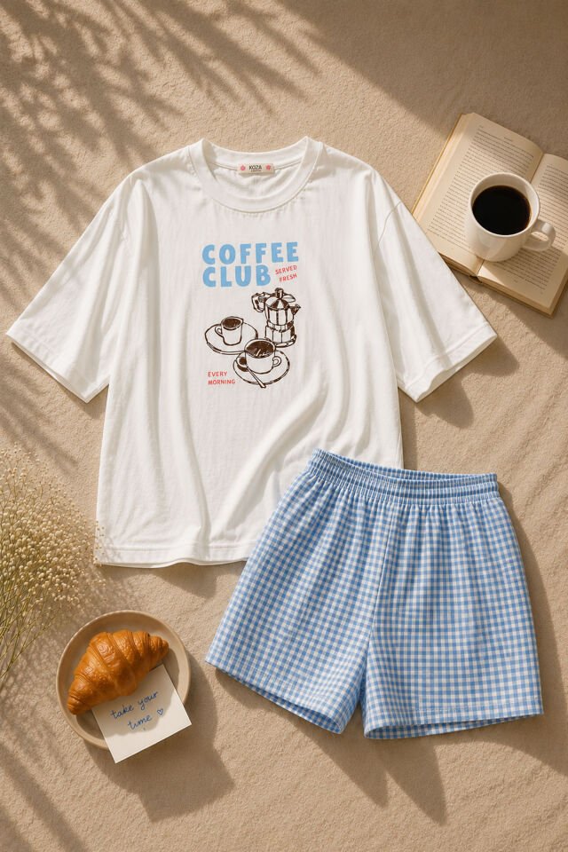 Kadın Pamuklu Kısa Kollu Pötikare Desenli Şortlu Pijama Takımı Mavi - Beyaz - XL