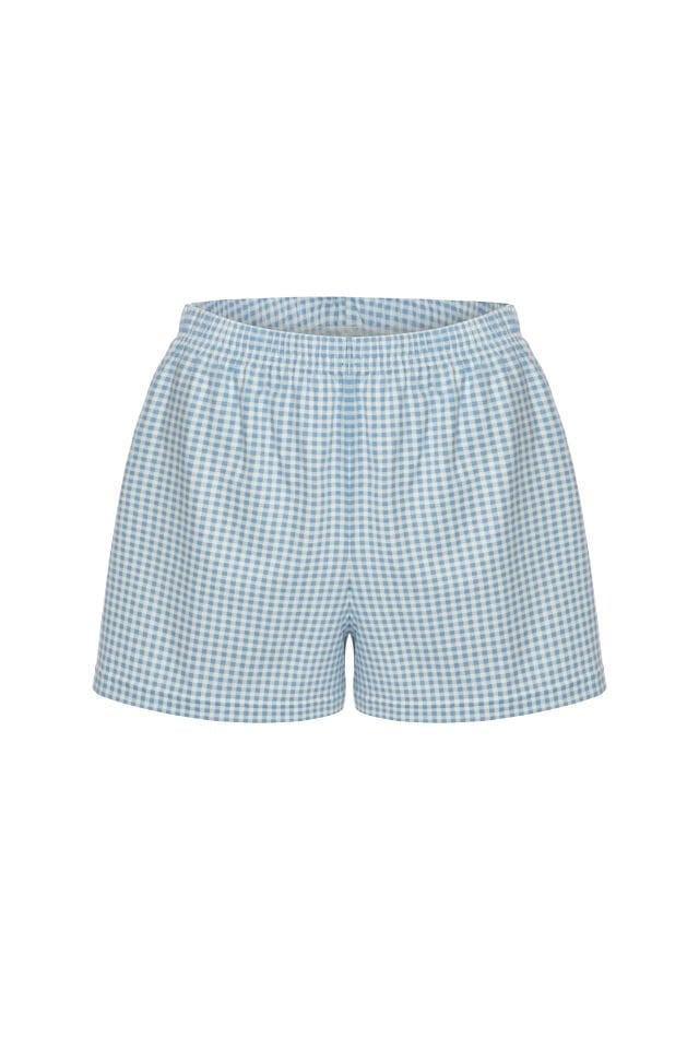 Kadın Pamuklu Kısa Kollu Pötikare Desenli Şortlu Pijama Takımı Mavi - Beyaz - XL