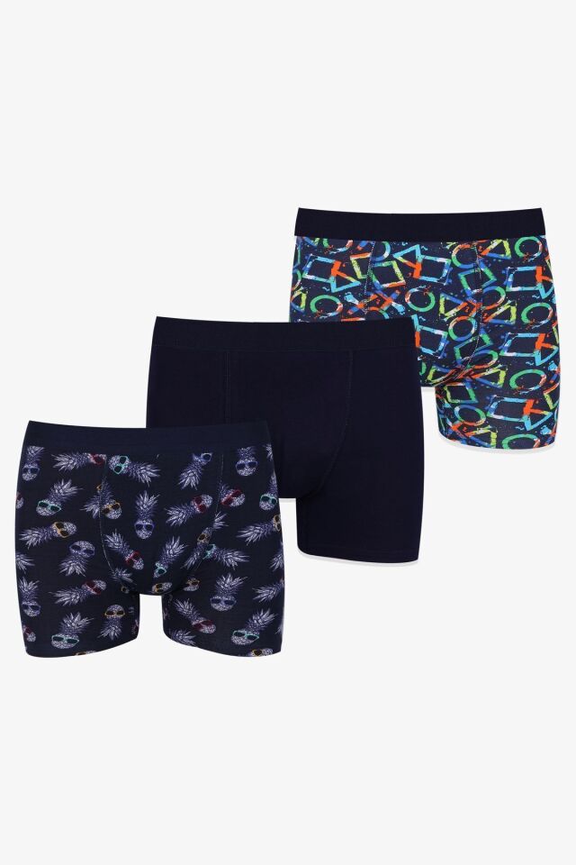 Erkek 3'lü Pamuklu Likralı Boxer KO9003BX-19 Ananas-Lacivert-Geometrik - M