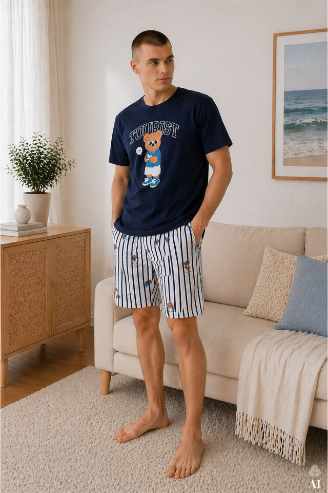 Erkek Pamuklu Lacivert Baskılı Çizgili Cepli Şortlu Pijama Takımı