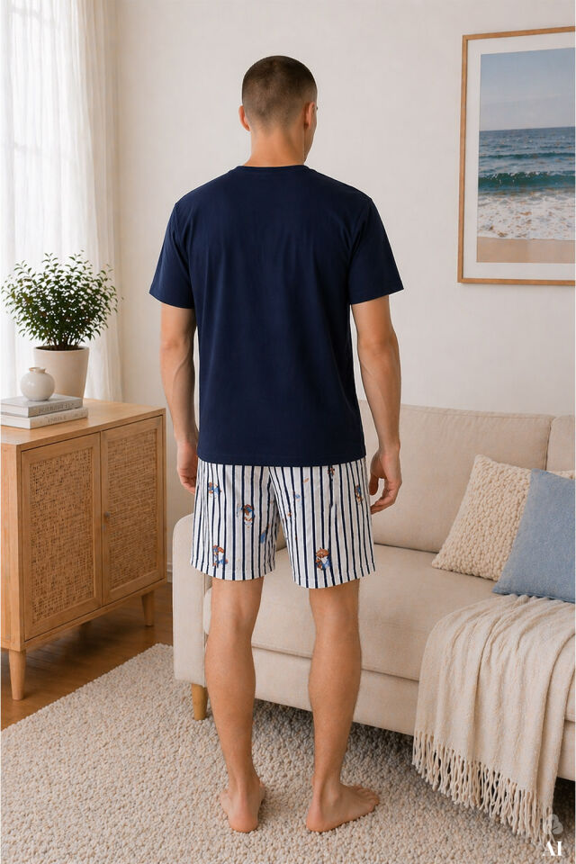 Erkek Pamuklu Lacivert Baskılı Çizgili Cepli Şortlu Pijama Takımı Lacivert - Beyaz - M