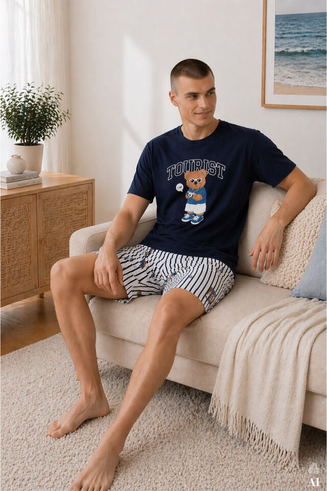 Erkek Pamuklu Lacivert Baskılı Çizgili Cepli Şortlu Pijama Takımı Lacivert - Beyaz - 2XL
