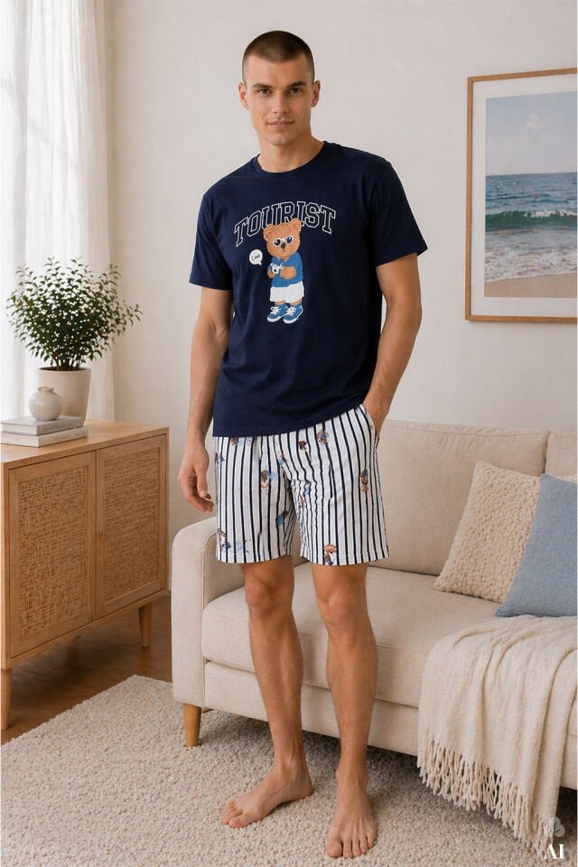 Erkek Pamuklu Lacivert Baskılı Çizgili Cepli Şortlu Pijama Takımı Lacivert - Beyaz - 2XL