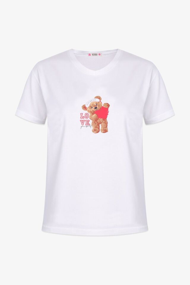 Kadın Pamuklu Ayıcık Desenli V Yaka Şortlu Pijama Takımı Üst Ekru Alt Lacivert Ayıcık - M