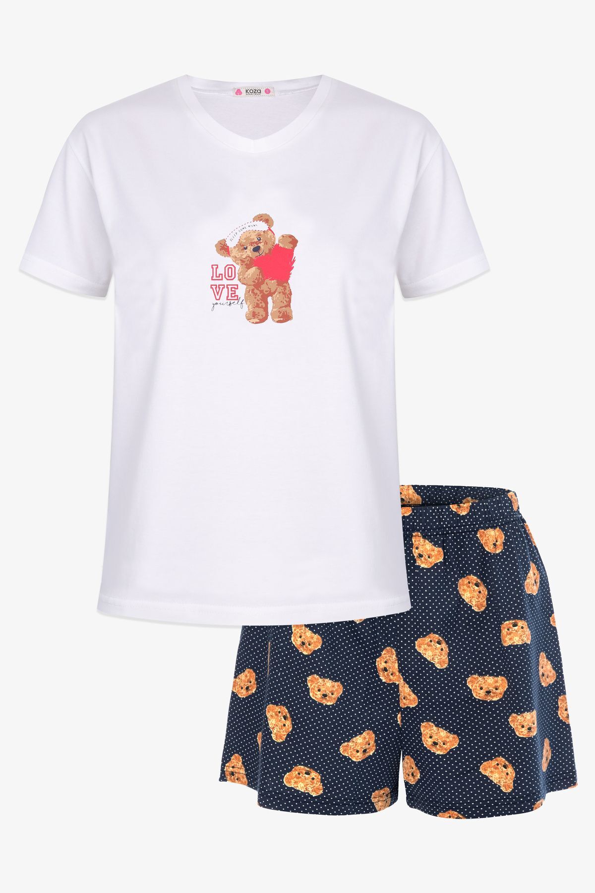 Kadın Pamuklu Ayıcık Desenli V Yaka Şortlu Pijama Takımı Üst Ekru Alt Lacivert Ayıcık - L