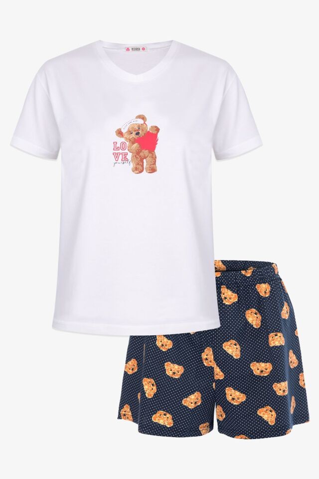 Kadın Pamuklu Ayıcık Desenli V Yaka Şortlu Pijama Takımı Üst Ekru Alt Lacivert Ayıcık - L