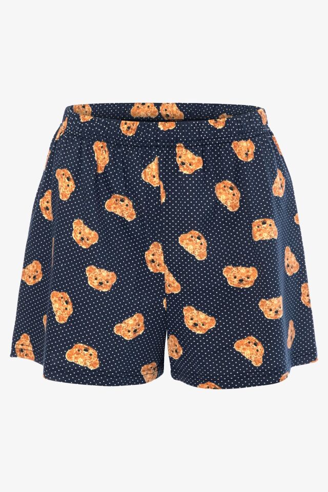 Kadın Pamuklu Ayıcık Desenli V Yaka Şortlu Pijama Takımı Üst Ekru Alt Lacivert Ayıcık - L