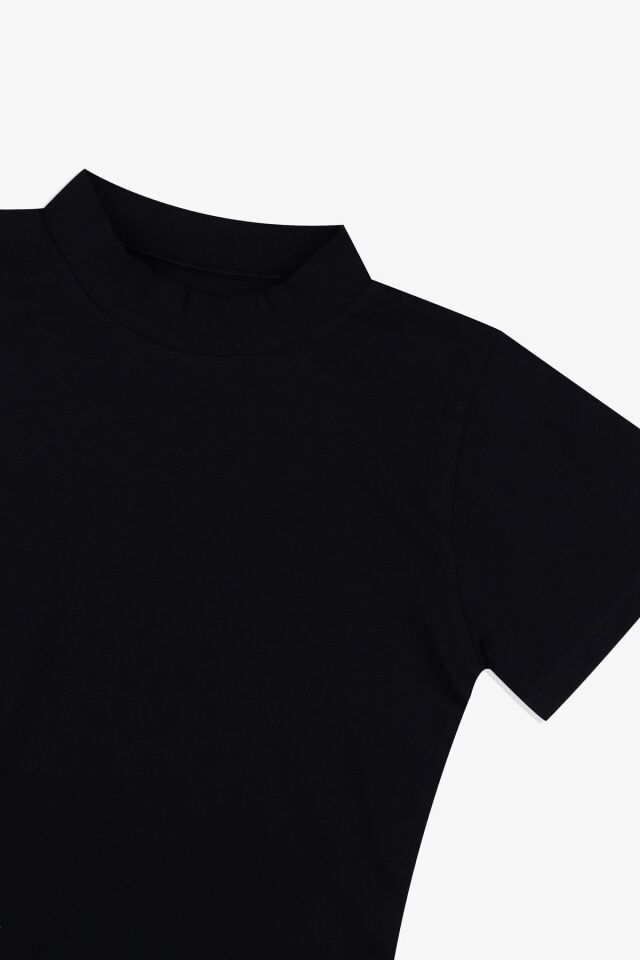 Kadın Kısa Kollu Likralı Pamuklu Yarım Balıkçı Body Siyah - XL - Siyah - XL
