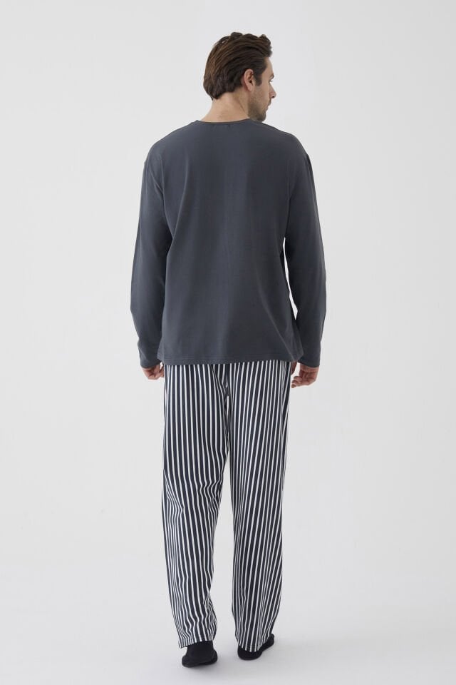 Erkek Pamuklu Uzun Kollu Üst Astronot Baskılı Alt Çizgili Pijama Takımı