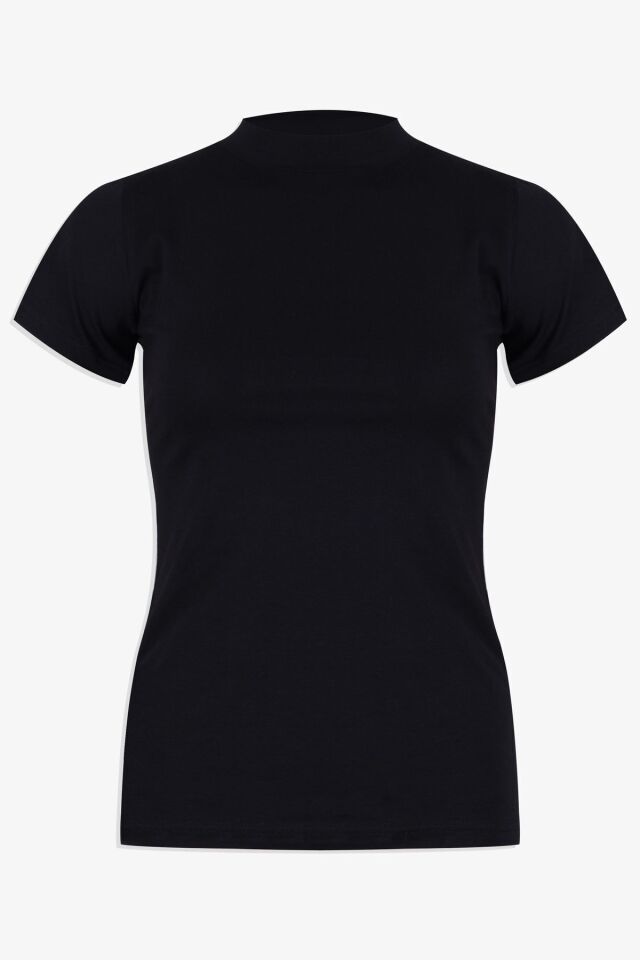 Kadın Kısa Kollu Likralı Pamuklu Yarım Balıkçı Body Siyah - 2XL - Siyah - 2XL