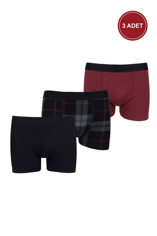 Erkek 3'lü Pamuklu Likralı Boxer Kırmızı - Siyah - 5XL