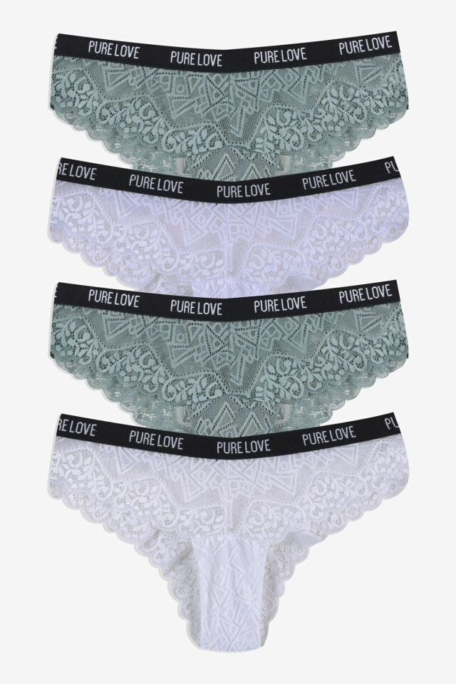 Kadın 4'lü Yazılı Lastikli Dantelli Fantezi Külot