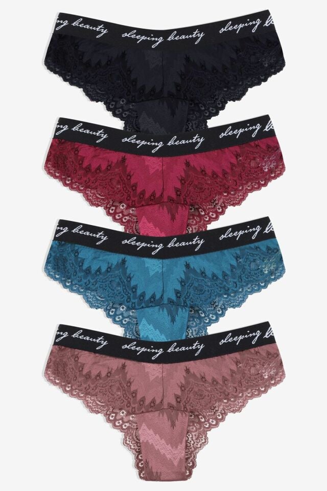 Kadın 4'lü Yazılı Lastikli Dantelli Fantezi Külot