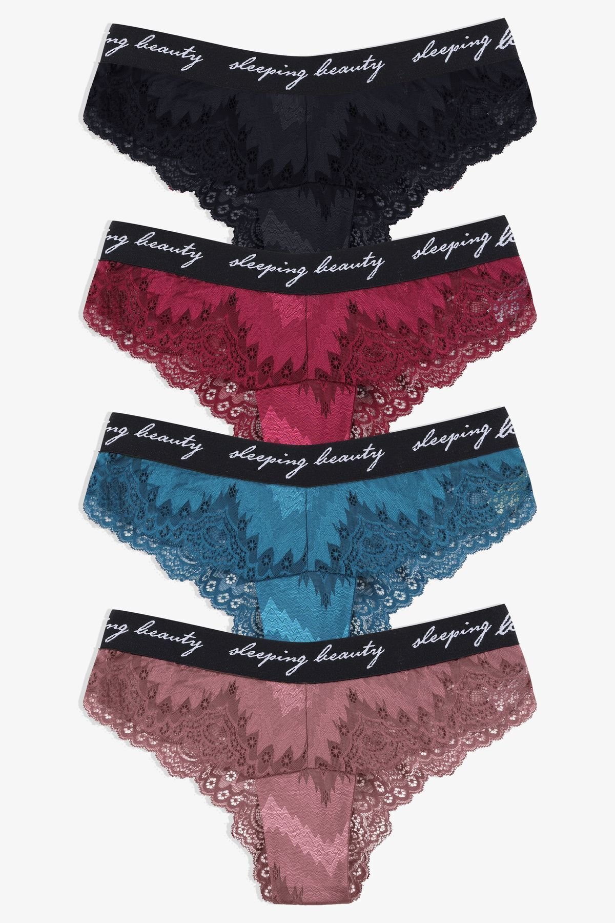 Kadın 4'lü Yazılı Lastikli Dantelli Fantezi Külot siyah-bordo-petrol-glkurusu - M