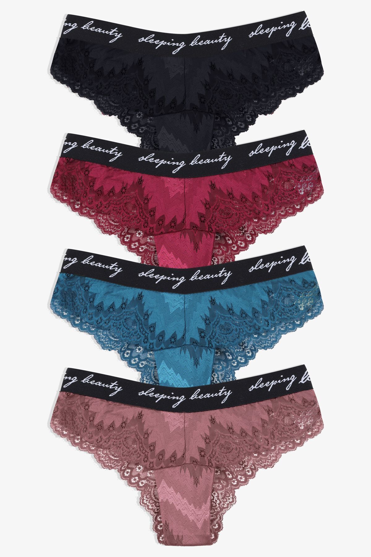 Kadın 4'lü Yazılı Lastikli Dantelli Fantezi Külot siyah-bordo-petrol-glkurusu - M