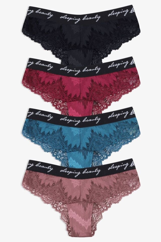 Kadın 4'lü Yazılı Lastikli Dantelli Fantezi Külot siyah-bordo-petrol-glkurusu - M