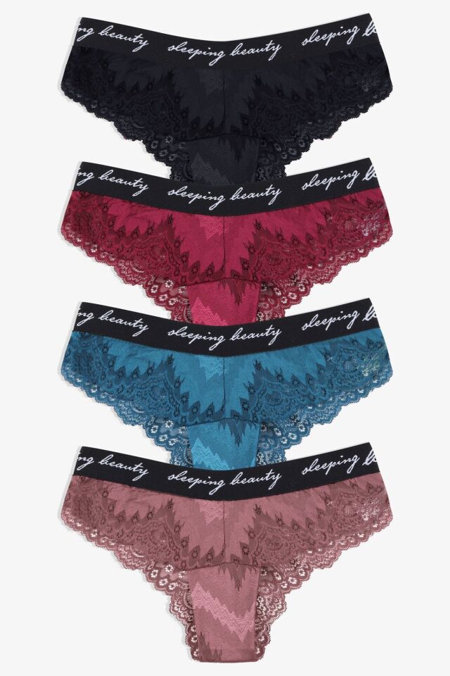 Kadın 4'lü Yazılı Lastikli Dantelli Fantezi Külot siyah-bordo-petrol-glkurusu - M