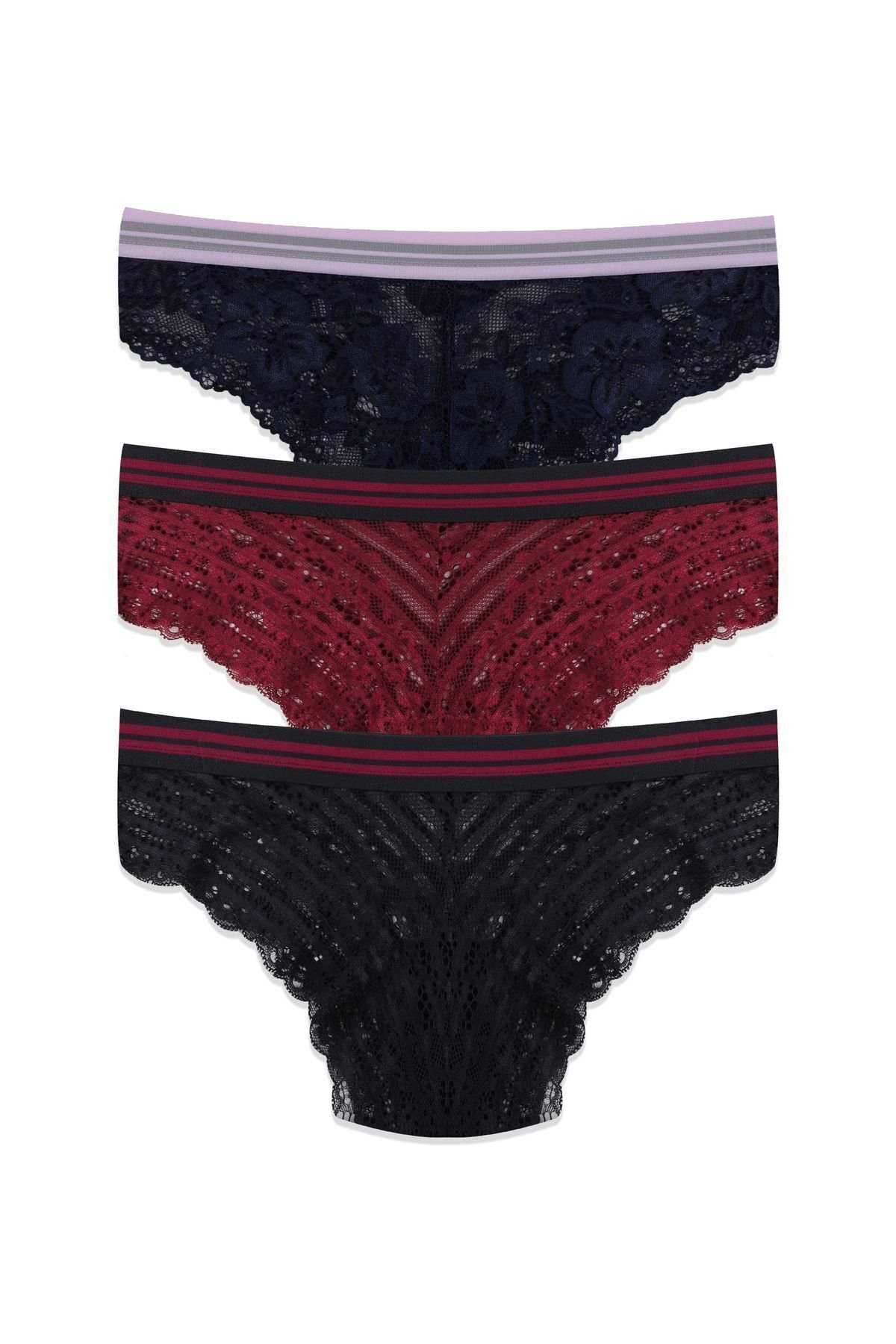 Kadın 3'lü Çizgili Lastikli Dantelli Külot Lacivertbordosiyah - M