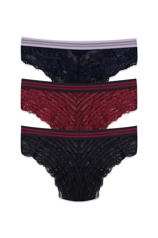 Kadın 3'lü Çizgili Lastikli Dantelli Külot Lacivertbordosiyah - M