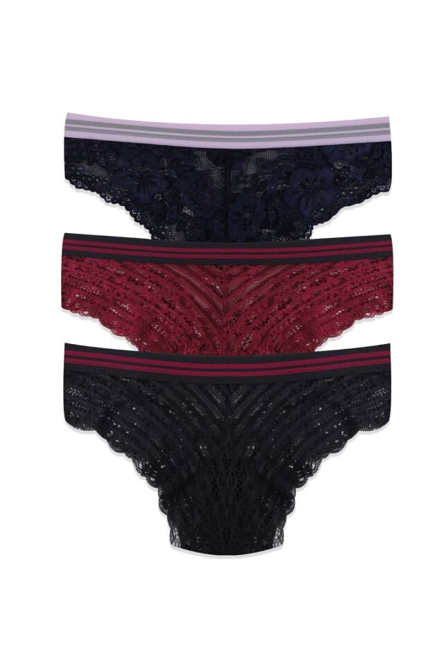 Kadın 3'lü Çizgili Lastikli Dantelli Külot Lacivertbordosiyah - M