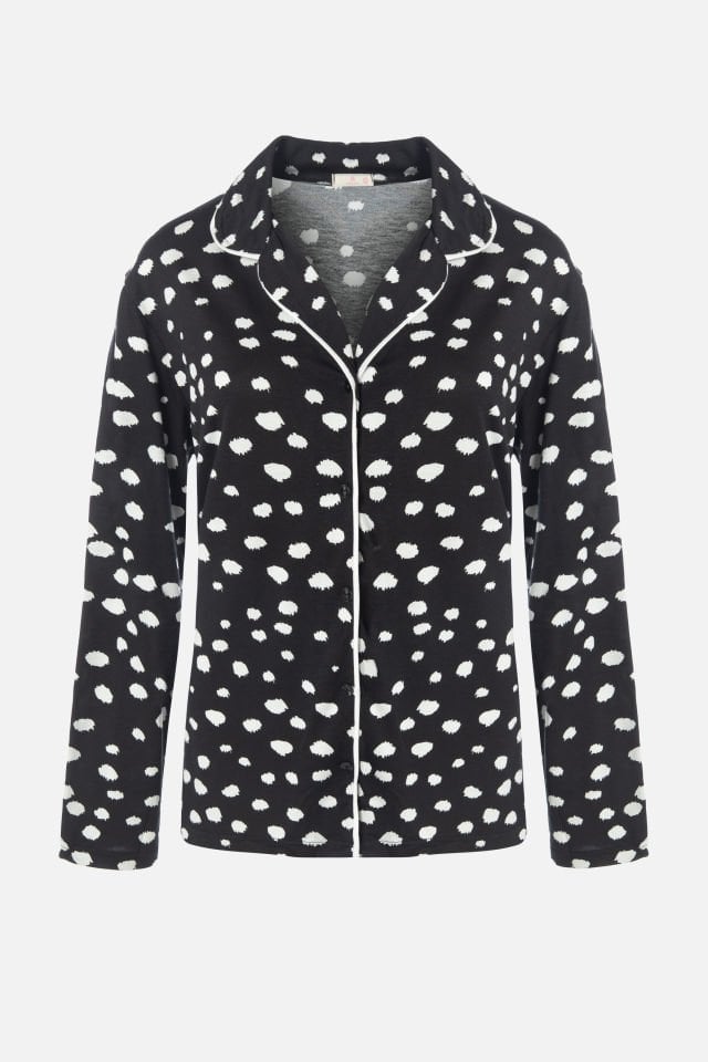 Kadın Gömlek Yaka Benek/ Puan Desenli Ara Biye Detaylı Pijama Takımı