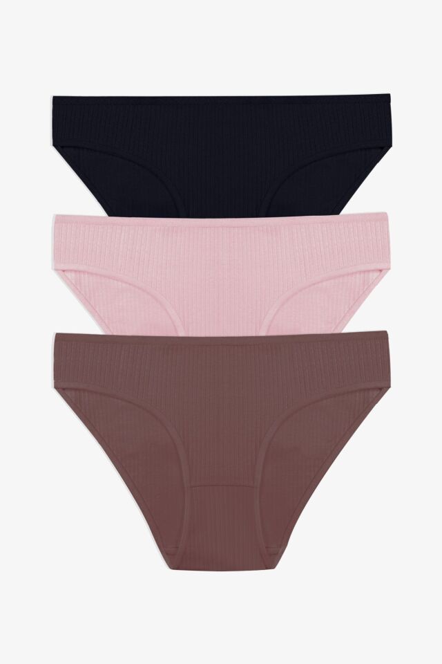 Kadın 3'lü Pamuklu Fitilli Külot 11050-15 - L/XL