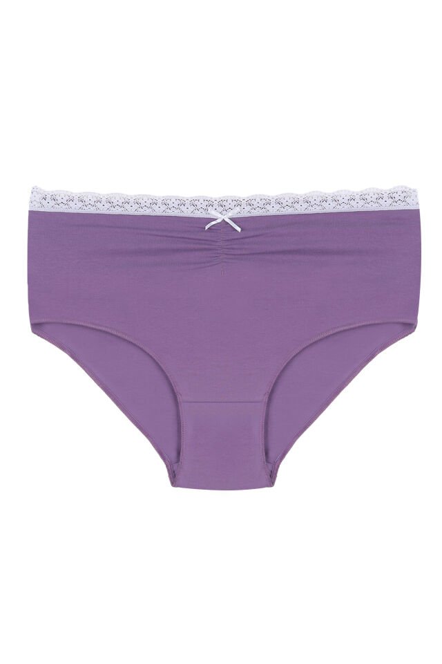 Kadın 5'li Pamuklu Ön Bel Dantelli Büzgülü ve Fiyonklu Yüksel Bel Külot Mor - Yeşil - 3XL