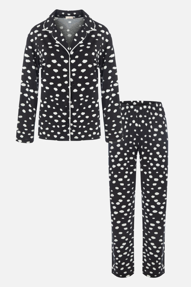 Kadın Gömlek Yaka Benek/ Puan Desenli Ara Biye Detaylı Pijama Takımı S - Siyah - Beyaz