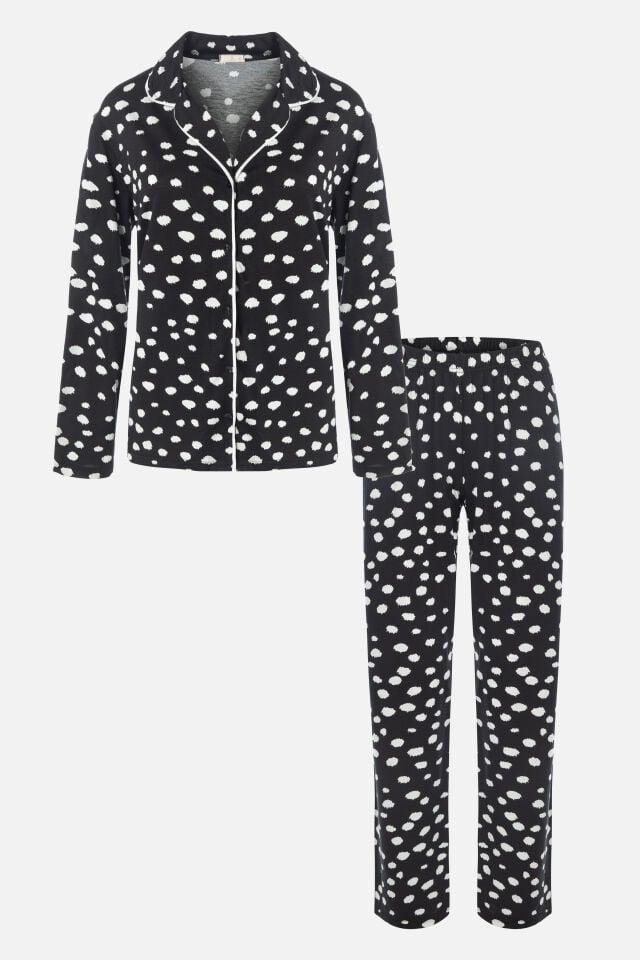 Kadın Gömlek Yaka Benek/ Puan Desenli Ara Biye Detaylı Pijama Takımı S - Siyah - Beyaz