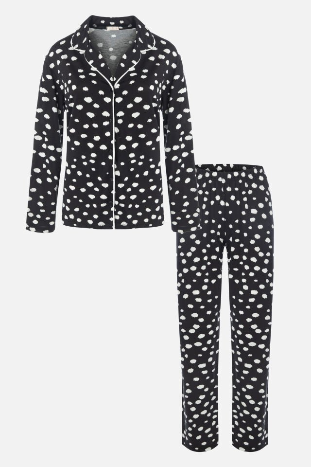 Kadın Gömlek Yaka Benek/ Puan Desenli Ara Biye Detaylı Pijama Takımı L - Siyah - Beyaz