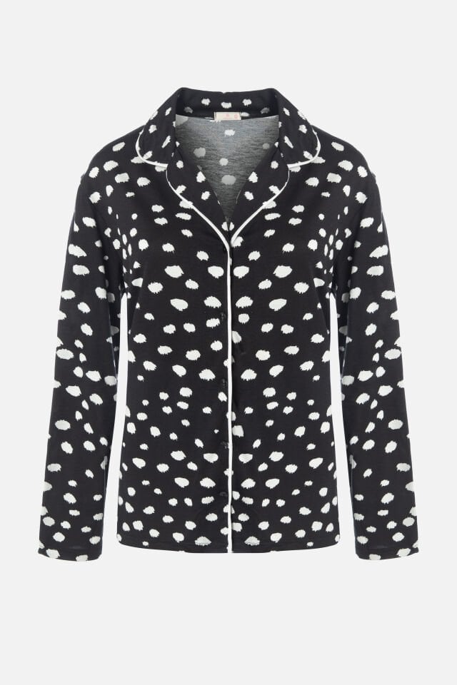 Kadın Gömlek Yaka Benek/ Puan Desenli Ara Biye Detaylı Pijama Takımı XL - Siyah - Beyaz