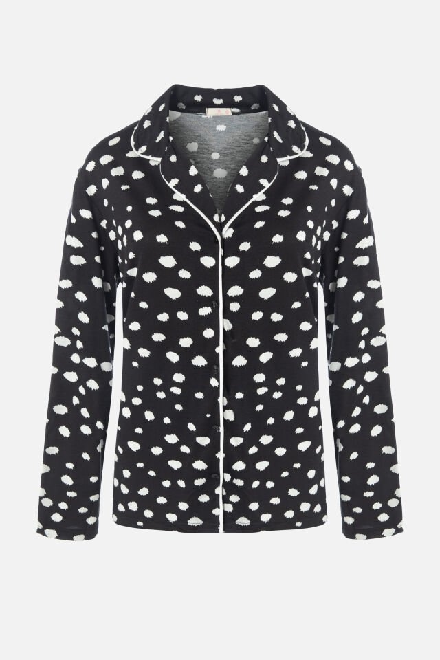 Kadın Gömlek Yaka Benek/ Puan Desenli Ara Biye Detaylı Pijama Takımı XL - Siyah - Beyaz