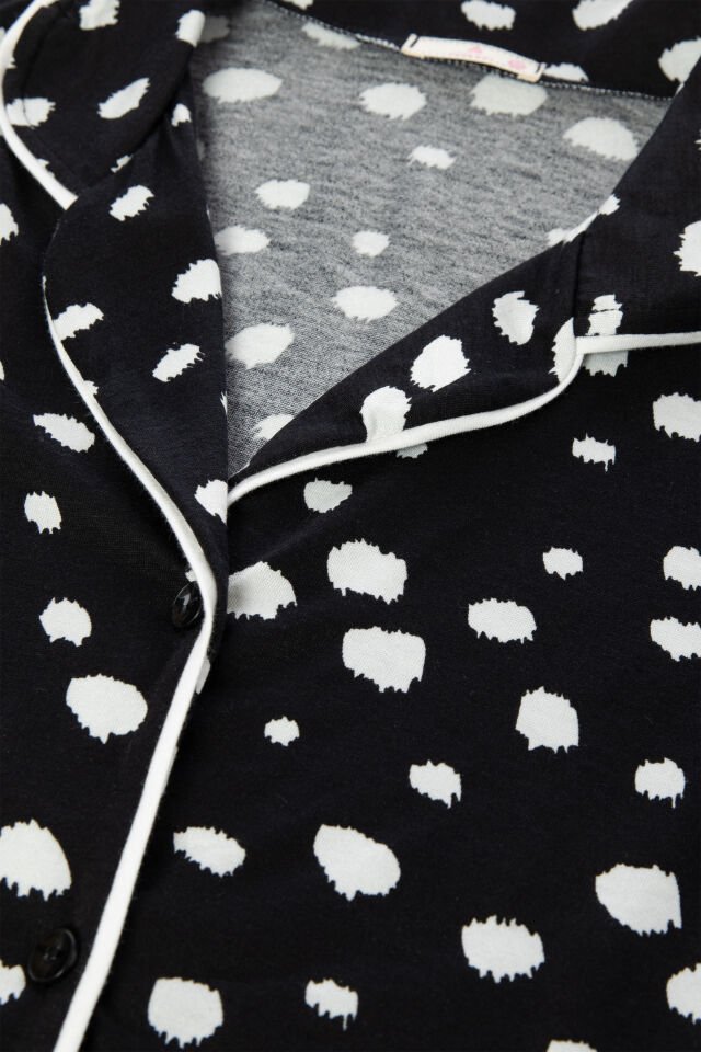 Kadın Gömlek Yaka Benek/ Puan Desenli Ara Biye Detaylı Pijama Takımı XL - Siyah - Beyaz