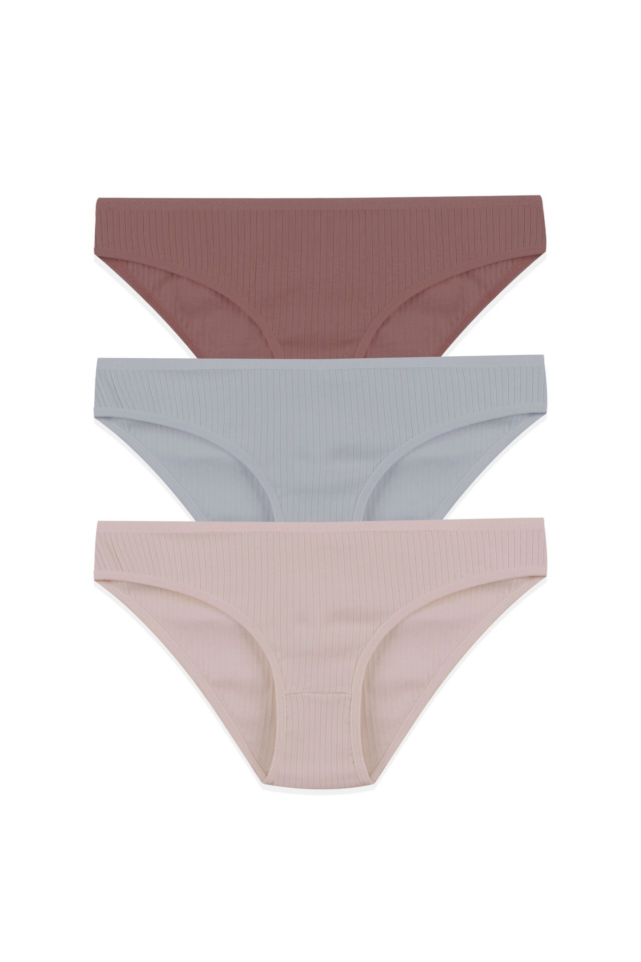 Kadın 3'lü Pamuklu Fitilli Külot Ten - Gri - L/XL